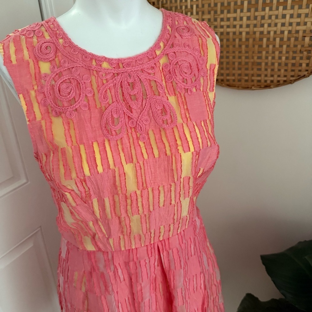 Tracy Reese Pink Yellow Linen Blend Fit Flare Midi Dress 8 Spring Wedding Guest - Picture 4 of 9